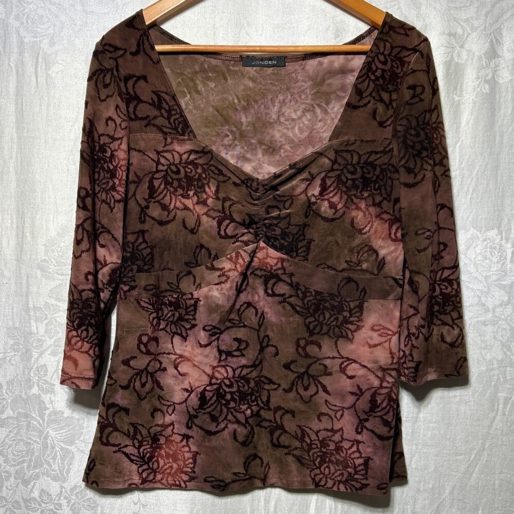Jonden Burnout Velvet Babydoll Top Medium Brown Pink Vintage Y2K